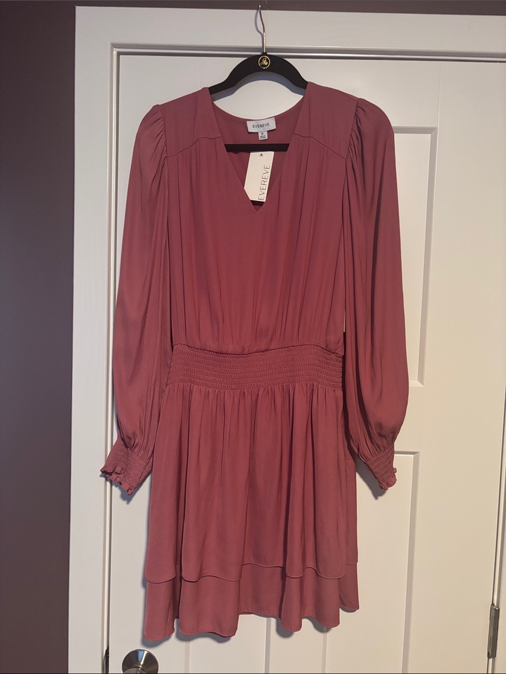 Evereve Rose-Mauve Long-Sleeve Smocked-Waist Dress